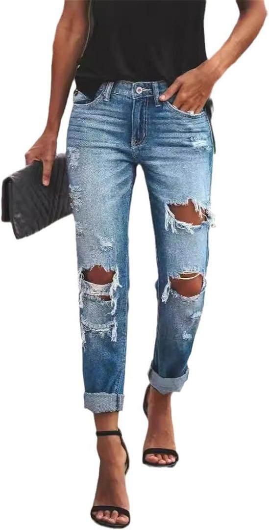 Women's High Waisted Distressed Skinny Jeans, Ripped Ankle Jeans with Cuffed Hem for Casual, Street & Daily Wear (Blue, L)