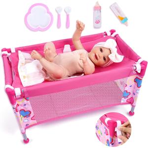 BABESIDE 7PCS Baby Doll Crib for 18'' Dolls, Baby Doll Bed with Storage Bag and Feeding Care Accessories Set , Doll Crib Doll Furniture for Girls Age 3+,Pretend Play Toy Gift for Kids Age 3+