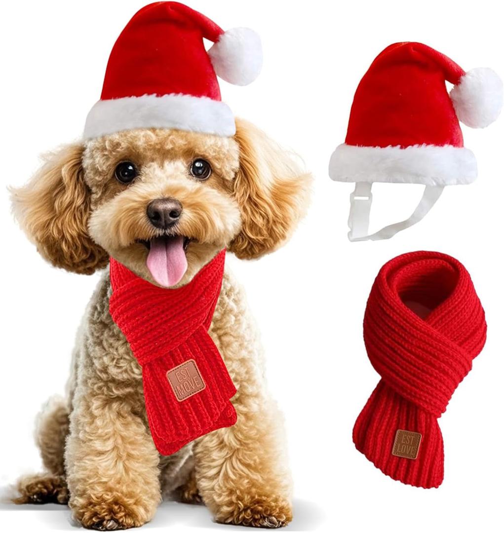 Dog Christmas Hat & Scarf Set for Small Dogs Puppies Cats - 2 PCS Adjustable Santa Hat and Knitted Scarf, Fall Winter Costume (Hat & Scarf, Small)