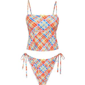 seamoly Women's Tankini Sets Sexy Open Back Two Piece Swimsuit High Cut Side Tie Thong Bathing Suit Floral Gingham Bikini (S)