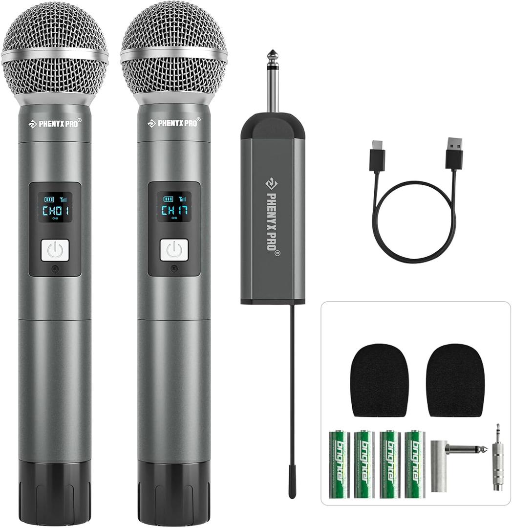 Phenyx Pro Dual Digital Wireless Microphone System, w/2 Handheld Dynamic Microphones,15 UHF Frequency Groups, Mini Receiver, Metal Cordless Mic for Karaoke,Church,DJ,Singing (PDP-2-2H)