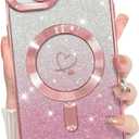 Bonoma Compatible with iPhone 14 Case Support for MagSafe, Plating Heart Glitter Magnetic 2* Screen Protector TPU Camera Protection Back Cover for Girls Women -Pink