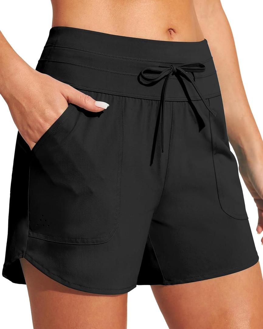 IUGA Pantalones cortos de natacin para mujer de 5 pulgadas, elsticos de cintura alta, pantalones cortos de playa para mujer, de secado rpido, UPF 50+, con forro (Negro -)