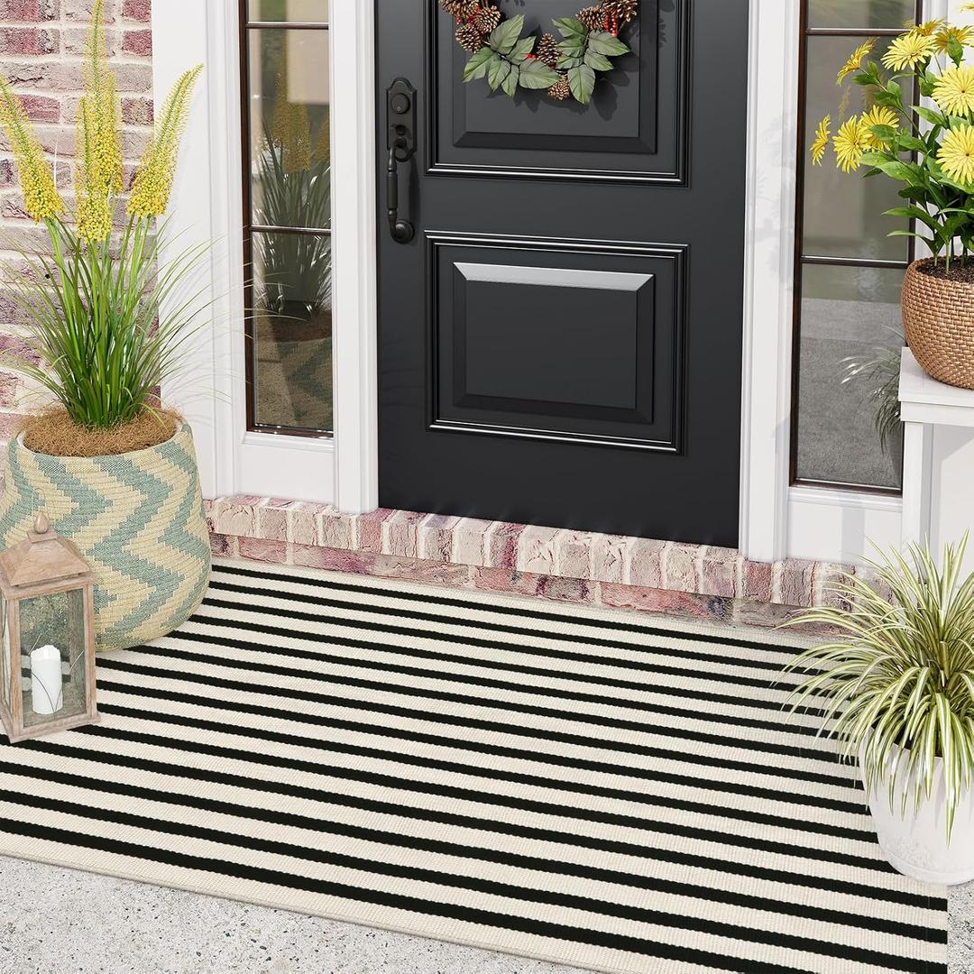 LEEVAN Black and White Front Porch Rugs Outdoor Stripe 3x5 ft, Hand-Woven Front Door Mat Washable Cotton Reversible Entry Rugs Layered Doormats for Outside Entrance Patio Balcony Living Room Kitchen
