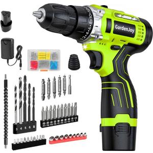 12V Green Cordless Drill Kit, Home DIY, 2 Batteries & Fast Charger, Compact, 2-Speed, 3/8" Keyless Chuck, 24+1 Torque, LED Light for Wood and Metal