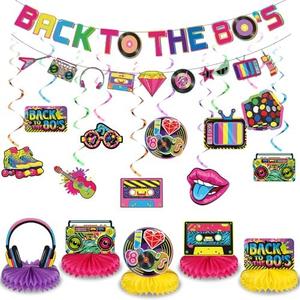 Blosssound 27 Pcs 80s 90s Party Decorations 1980s 1990s Hip Hop Banner Hanging Swirls Ceiling Honeycomb Centerpieces for Back to the 1980s 1990s Throwback Birthday Neon Party Decor Supplies(80s)