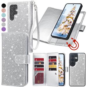 Varikke for Galaxy S26 Ultra Wallet Case Detachable with RFID Blocking Card Holder for Women, Glitter Leather Strap Magnetic Flip Removable Phone Case for Samsung Galaxy S26 Ultra 6.9", Silver
