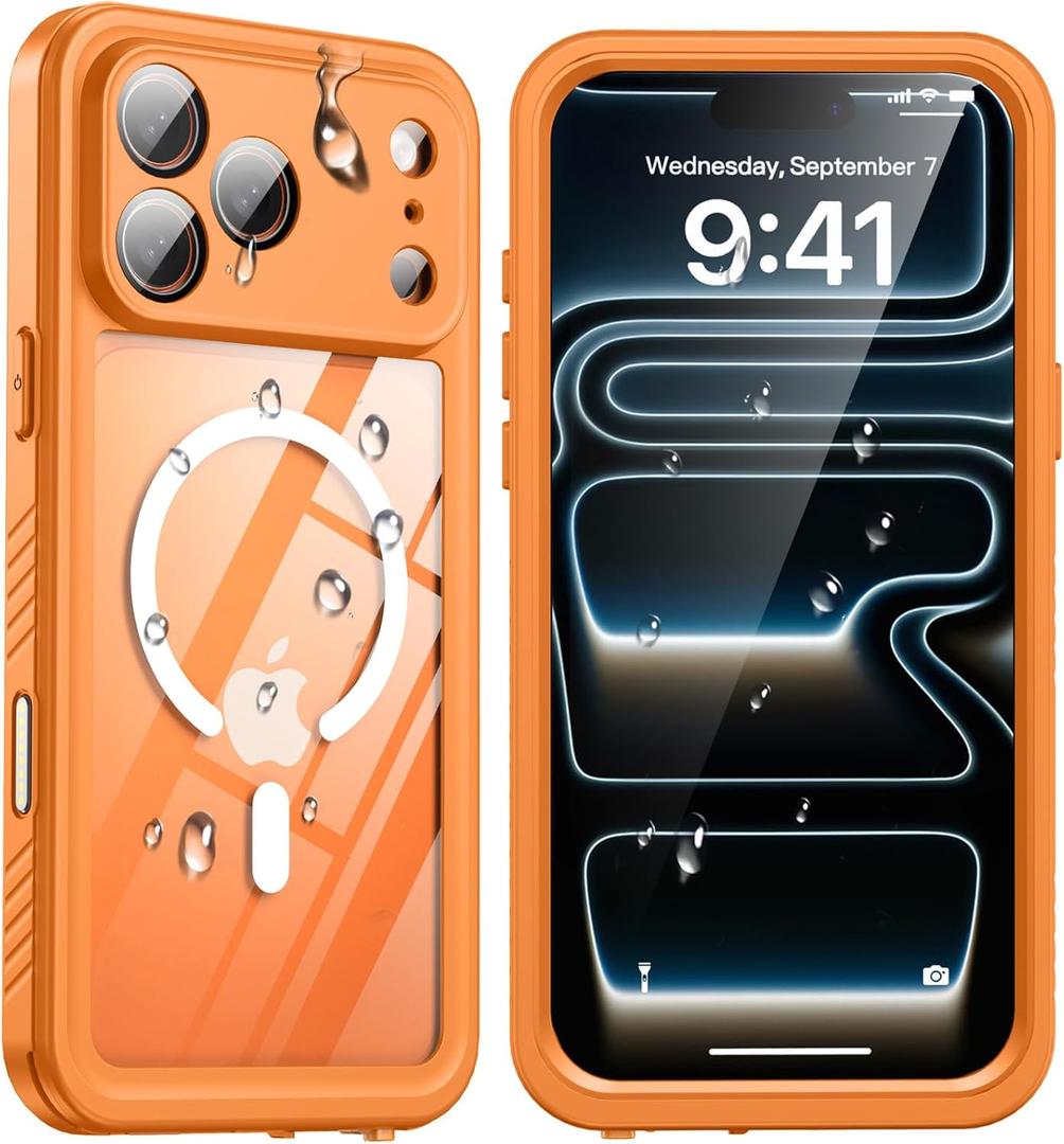ANTSHARE for iPhone 17 Pro Max Case, Compatible with Magsafe, IP68 Waterproof Case, [Built-in Screen Protector] - 12 FT Military Dropproof - Full Body Heavy Duty Rugged Phone Cover - Orange/Clear