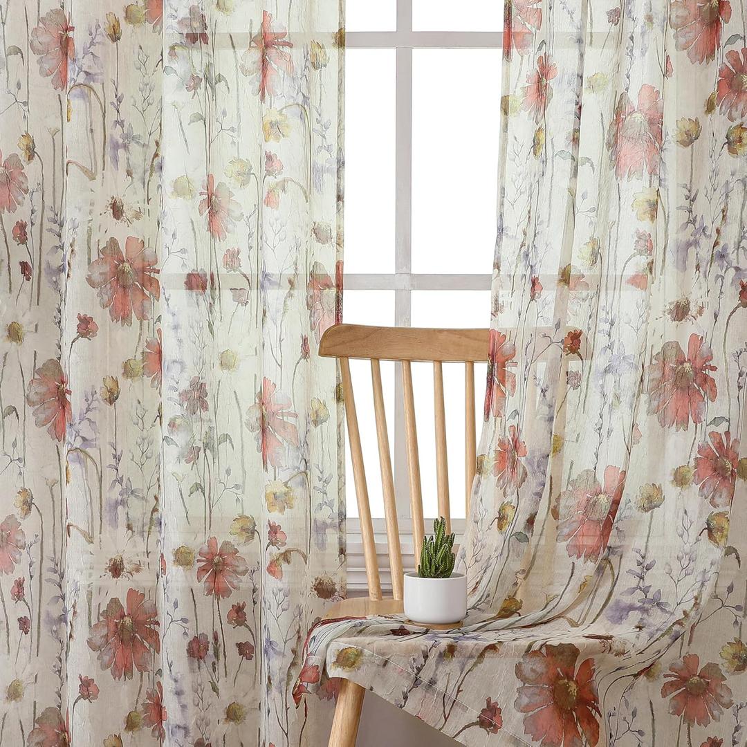 OWENIE Crushed Sheer Curtains 84 Inches Long 2 Panels Set, Sheer Floral Curtains Printed Drapes on Sheers for Living Room Bedroom, Rod Pocket Light Filtering Window Sheers (2 Panels, 51" x 84") (Multi Color)