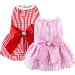2 Pieces Dog Dress Princess Stripe Pet Dresses for Small Dogs Cute Bowknot Dog Summer Clothes for Dogs Cats Pets Puppy Chihuahua Yorkies (Large, Red+Pink)
