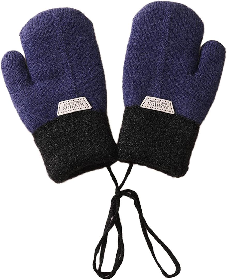 Kids Winter Mittens Cold Weather Knitted Mitt Gloves Double Layer Fleece Lined Thermal Gloves 4-6T Outdoor Warm (Blue)