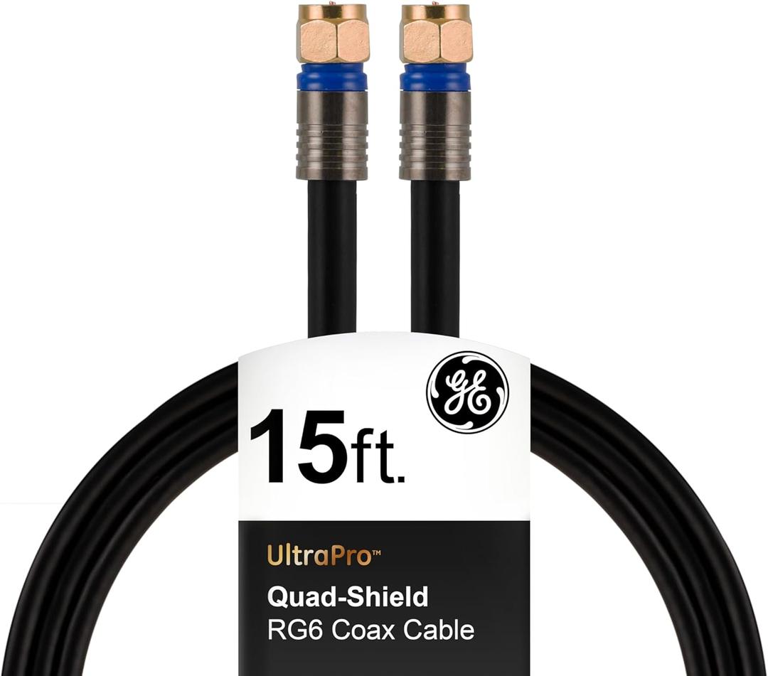 GE RG6 Coaxial Cable, 15 ft. F-Type Connectors, Quad Shielded Coax Cable, 3 GHz Digital, In-Wall Rated, Ideal for TV Antenna, DVR, VCR, Satellite, Cable Box, Home Theater, Black, 33732 (15 Feet)