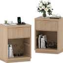 Fluted Nightstand with Charging Station, Mid Century Modern Fluted Nightstand, Wooden Night Stand, Modern End Table with Curved Corners