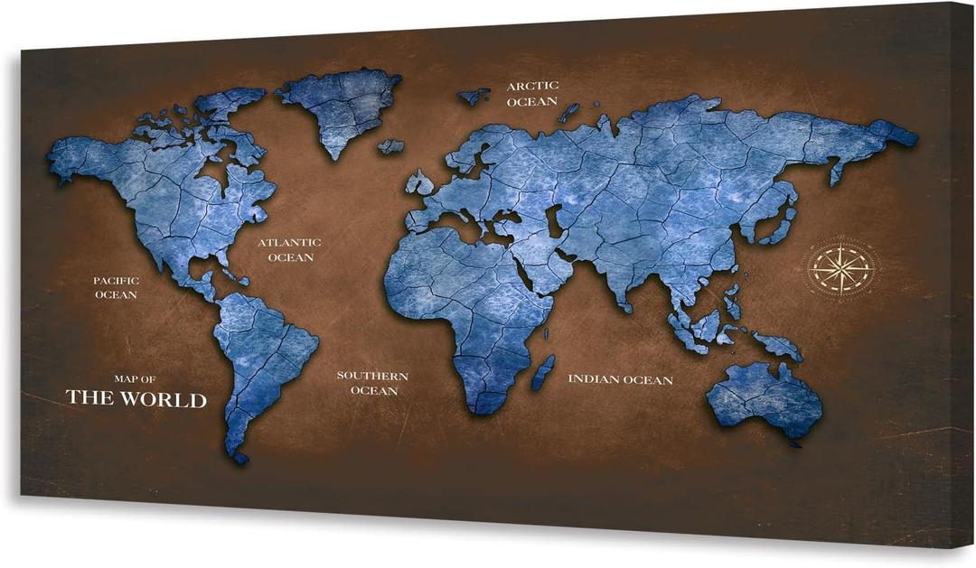 KUNHAAH Vintage World Map Canvas Wall Art - Rustic Blue & Brown Map of the World Poster, Grungy Textured Global Map for Living Room, Office, Classroom Decor, Ready to Hang 20"x40"
