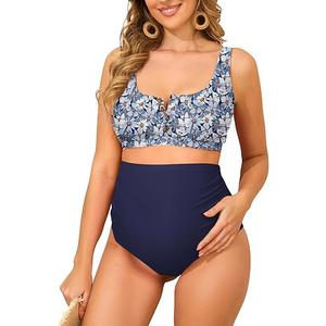 Zando High Waist Maternity Swimsuit Two Piece Pregnancy Swimwear Bikini Bathing Suits for Women Maternity Swimsuits L, Daisy Blue