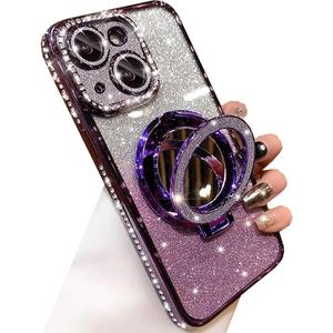 Changjia Magnetic Kickstand Glitter Case for iPhone 15,[Compatible with Magsafe] Luxury Bling Sparkly Rhinestones Diamond with Camera Protector Makeup Mirror Women Girls Case for iPhone 15 6.1",Purple