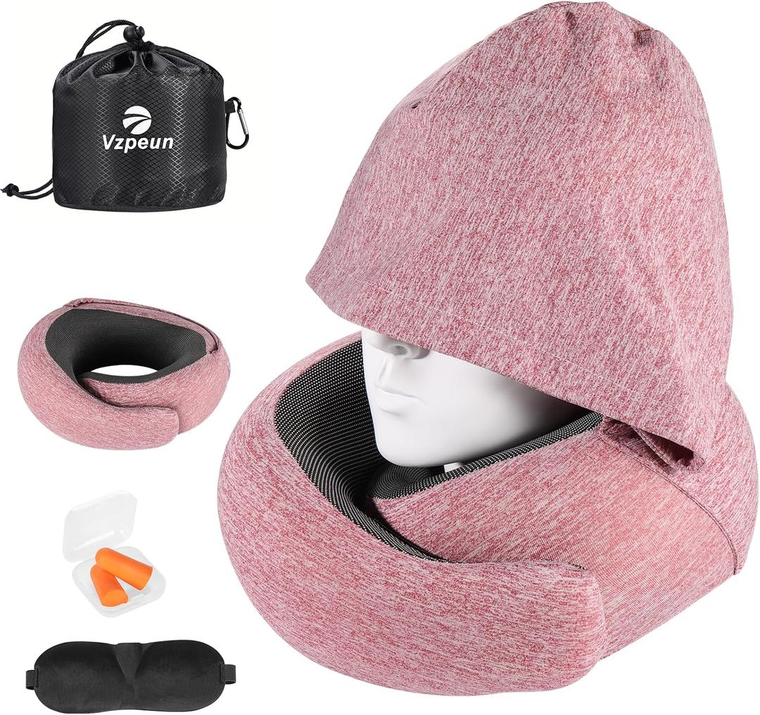 Travel Pillow - Hooded Neck Pillow Airplane Memory Foam Filling for Plane,Cars Sleeping, Road Trip, Long Flights, Portable Plane Accessories, Includes Eye Mask & Earplugs (Red)