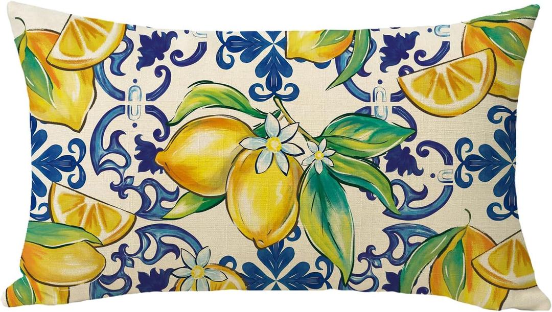 Lemon Italy Tile Lumbar Decorative Throw Pillow Cover 12 x 20, Rectangular Amalfi Coast Italian Capri Citrus Outdoor Home Decor, Summer Mediterranean Farmhouse Sofa Couch Cushion Case
