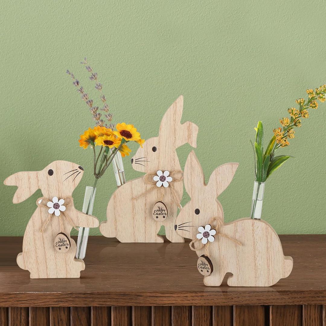 3 Sets Wooden Bunny Flower Vases Easter Farmhouse Bunnies Sign Rabbits Holding Glass Test Tube Vases Rabbit Figure for Spring Easter Gifts Entrance Tabletop and Mantel Decor