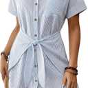 Bsubseach Womens Swimsuit Coverup Short Sleeve Button Down Tie Beach Shirt Dresses Summer Bathing Suit Cover Up Swimwear, L