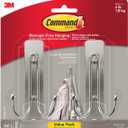 Command Large Brushed Nickel Double Hooks, 2 Hooks and 2 Strips, Damage Free Hanging Wall Hooks with Adhesive Strips, No Tools Coat Hooks for Hanging Home Decor, Holds up to 4 lb