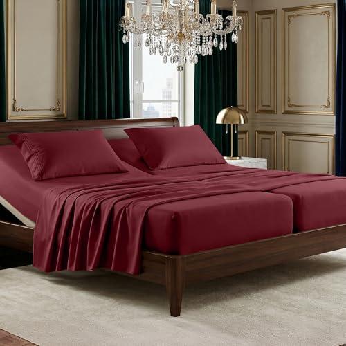 Elegant Comfort Luxurious 1500 Premium Hotel Quality Microfiber Three Line Embroidered Softest 4-Piece Bed Sheet Set, Wrinkle and Fade Resistant, Split King, Burgundy