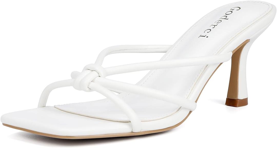Goderci Kitten Strappy Heels for Women Knotted Square Open Toe Slip On Mule Heels Mid Heeled Sandals(8.5,White)
