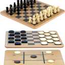 Regal Games - Reversible Wooden Board for Chess, Checkers & Tic-Tac-Toe - 24 Interlocking Wooden Checkers and 32 Standard Chess Pieces - for Age 8 to Adult for Family Fun