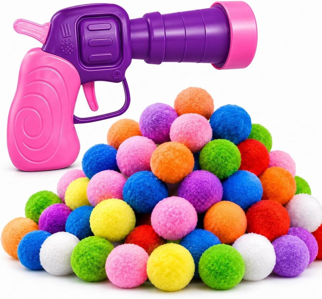 Cat Fetch Toy Launcher with 50 Colorful Pom Pom Balls, Cat Balls Fetch Toy Interactive Manual Thrower for Cats, Funny Cat Toy Gun for Bored Indoor, Pink and Purple (13 cm)