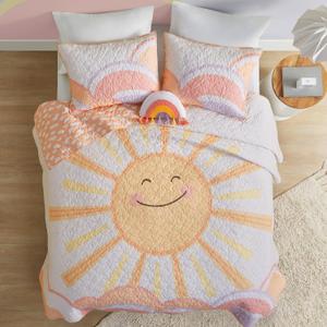 Intelligent Design Kids Queen Bedding Set Cotton Sun Full Size Quilt Sets for Girls Rainbow & Clouds Reversible Queen Coverlet Dawn Light & Breathable Sham Throw Pillow Full/Queen Yellow/Coral 4 Piece