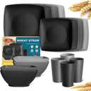 Teivio 16-piece Plastic Wheat Straw Square Dinnerware Set for 4, Unbreakable Dinner Plates, Salad Plates, Snack Bowls, Tumblers 13.5 oz, Dishwasher Safe, Gray Ombre