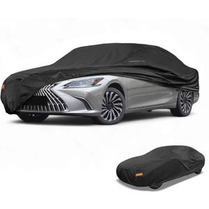 Waterproof All-Weather Universal Car Cover with Right Side Zipper & Mirror Pocket, 190T-PU Black Fits for Sedan 165" to 177" Length