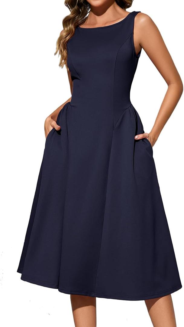 Bridesmay Women's Elegant Crew Neck Swing A Line Wedding Guest Dress Sleeveless Formal Midi Dress with Pockets 2026 (Medium)