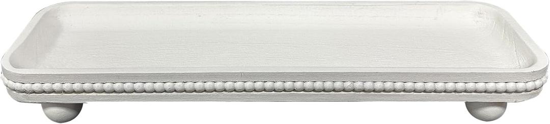 Dwellington Oval Wooden Decorative Tray, Farmhouse Style, Beaded Serving Tray for Living Room, Coffee Table (White)