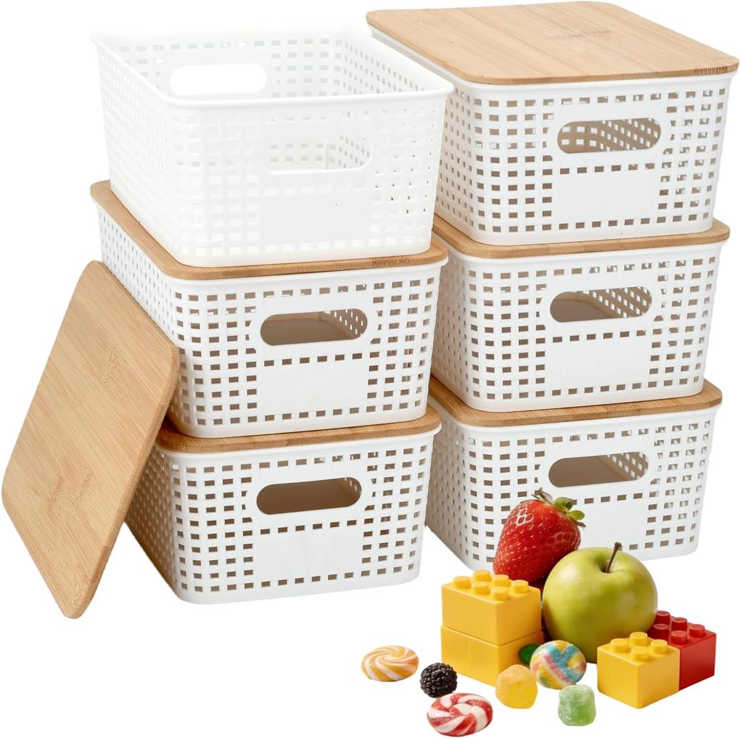 Stackable Storage Bins with Bamboo Lids, 6-Pack, BPA-Free Plastic, 5.1 Qt Capacity, Side Handle, 10x7.2x4.13 Inch, for Home Organization