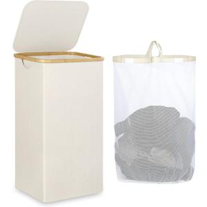 iEGrow Laundry Basket with Lid, 110L Large Laundry Hamper with Handle and Lid, Collapsible Clothes Basket Organizer with Removable Inner Bag for Clothes Toys Towels - Beige