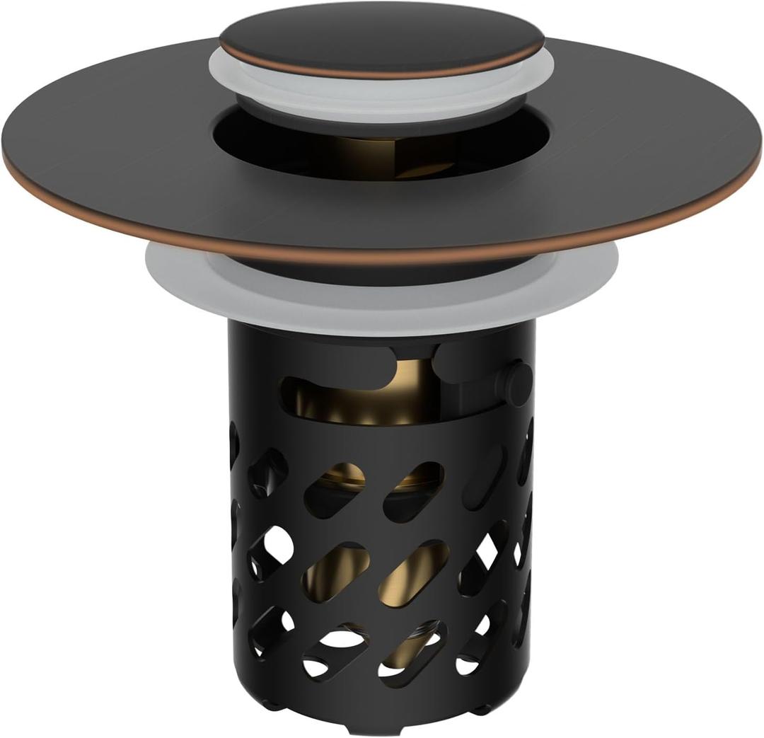 iFealClear All Metal Bathroom Sink Stopper, Pop Up Sink Drain Strainer with Removable Stainless Steel Filter Basket, Universal for 1.1"-2.36" Sink, Brass Bounce Core, Hair Catcher, Oil Rubbed Bronze