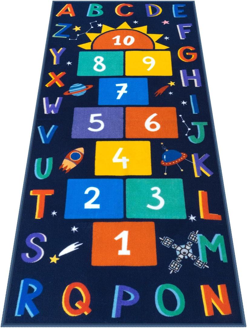 STARUIA Washable Hopscotch Kids Rugs for Playroom, Colorful Educational Classroom Rug with ABC Number, Non Slip Boy Kids Play Mat Rug Space Game Carpet for Bedroom DaycareDark Blue, 31.5''x72''