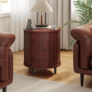 FROMJBEST Side Table, Round End Table with Storage, Nightstand, Walnut | Fluted Accent Side Table, Sliding Door, Mid-Century Nightstand, For Small Spaces