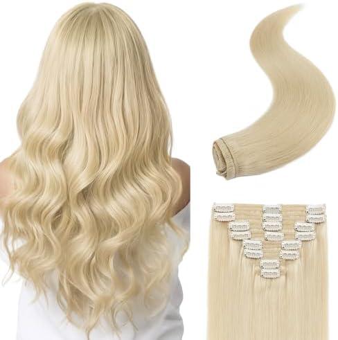 S-noilite Clip in Hair Extensions Real Human Hair 20 Inch Platinum Blonde Hair Extensions Remy Human Hair Clip In For Women Double Weft 8PCS Clip on Extension 150g #60