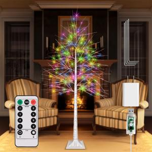 7FT Lighted Birch Tree, Birch Tree with LED Lights, 8 Flash Modes and Timer, Light Up Twig Christmas Tree for Indoor Outdoor Home Party Garden Wedding Decorations (Warm White & Multicolor)