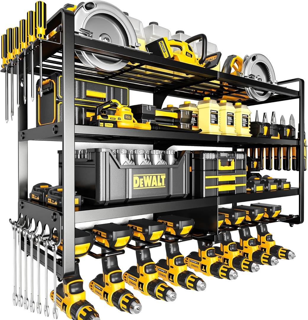 POKIPO Large Power Tool Organizer Wall Mount,4 Layers Heavy Duty Metal Loads 400lbs,Power Tool Shelf Battery Storage with 8 Cordless Drill Holder, Utility Racks for Garage Workshop (Black)