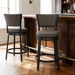 Swivel Bar Stools Set of 2, 25 inch Counter Height Barstools, Modern Metal Swivel Bar Chairs with Backrest, Faux Leather Upholstered Counter Height Chairs for Kitchen Island, Grey