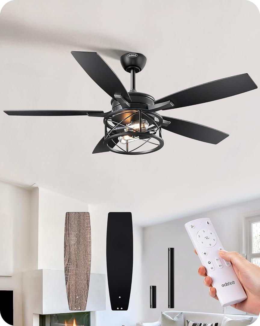 EDISHINE 52" Black Farmhouse Ceiling Fans With Lights, Remote Control, Dimmable, Reversible DC Motor, 5 Wooden Blades Rustic Indoor/Outdoor Ceiling Fan for Living Room Bedroom Porch (Black & Grey Oka)