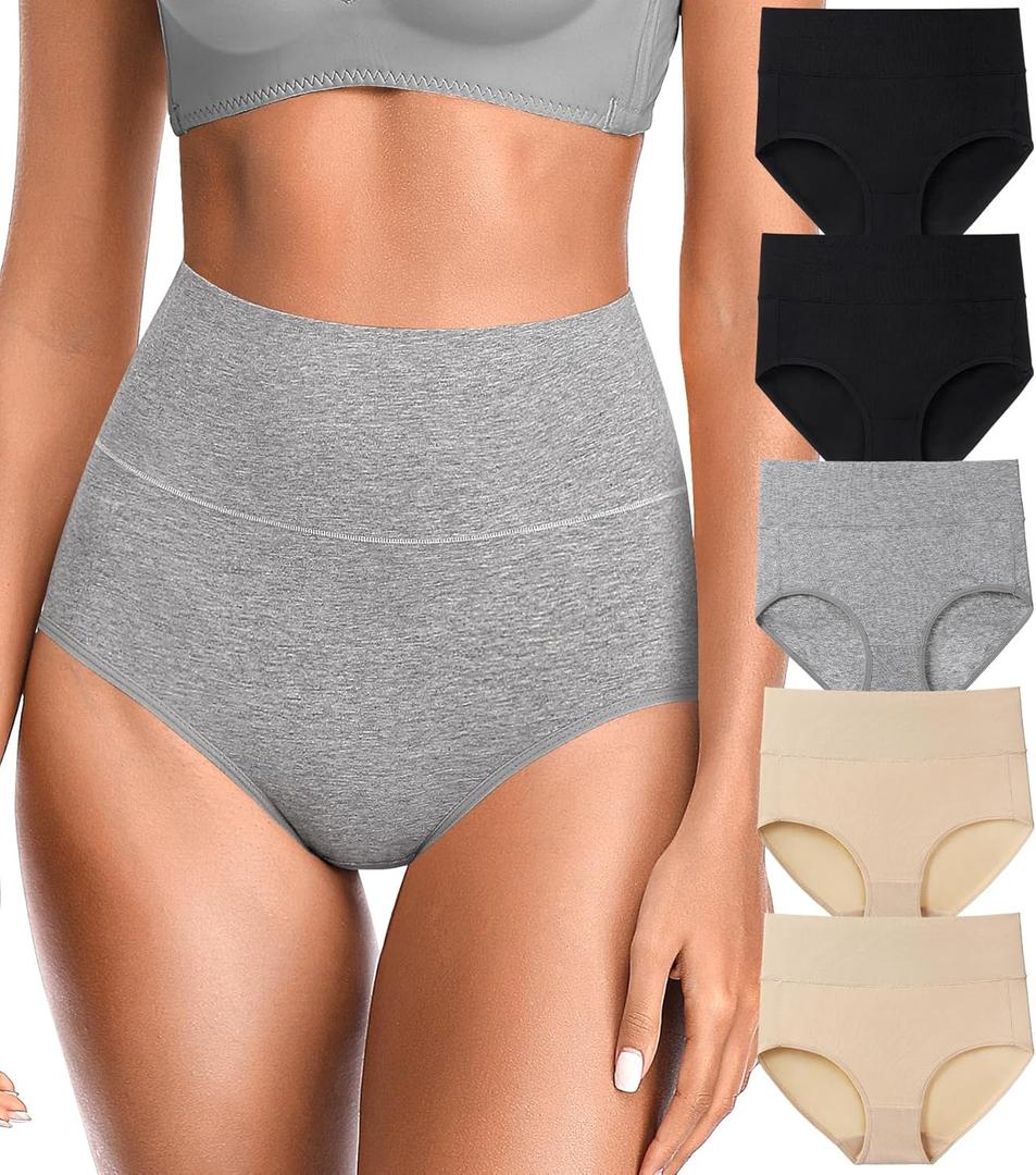 OLIKEME High Waisted Underwear for Women Tummy Control Full Coverage Cotton Ladies Panties Soft Stretch Briefs (3X-Large, Multicolora-5 Pack)