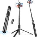 68" Phone Tripod & Selfie Stick with Remote and Fill Light, Auto Open Cell Phone Tripod Stand, Extendable Phone Stand for Video Recording, Travel, Vlogging, Compatible with iPhone/Android, Black