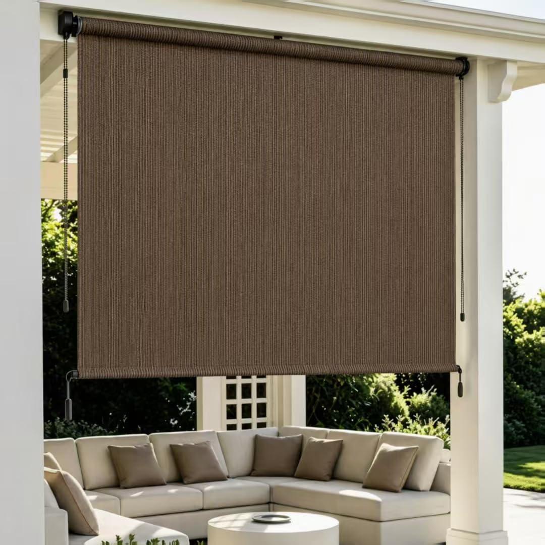 Outdoor Roller Shade 8'W x 8'H, Cordless Patio Roll Up Blinds with Crank Wand, 90% UV Patio Sun Shade Roll Up Privacy Screen for Pergola Gazebo Porch Deck, Mocha, 96"W x 96"H