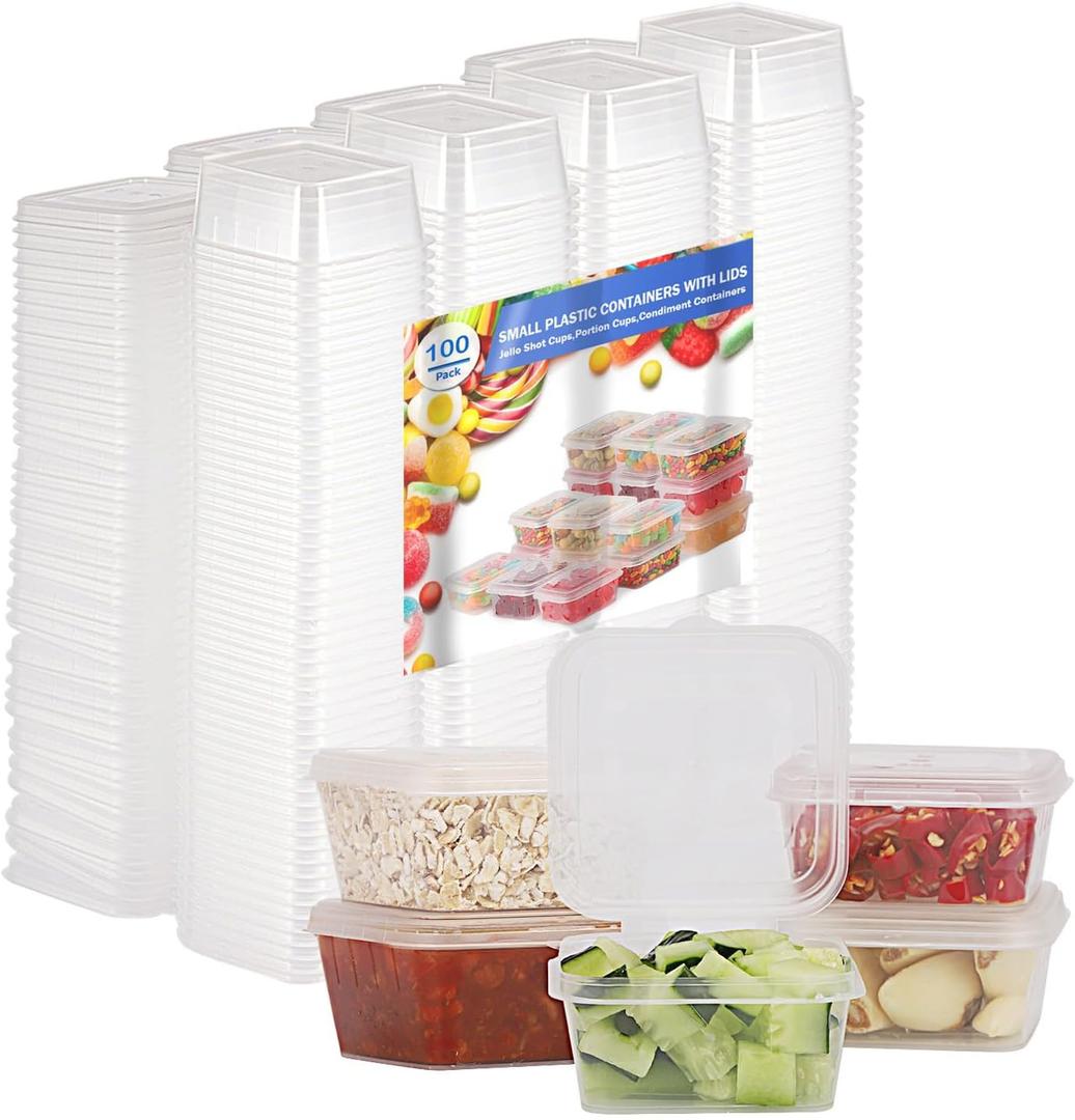 3 oz Small Plastic Containers with Lids (100pack), Disposable Condiment Containers with Lids, Portion Cups, Jello Shot Sauce Cups (Square)