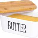 Larger Butter Dish with Cover-22Oz Ceramics Butter Container with Bamboo Lid for Countertop,Double-layer Silicone Sealing with Covers Perfect for East West Coast Butter (White with Words)