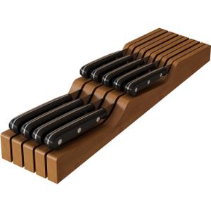 In-Drawer Knife Block Organizer - Bamboo Wood Drawer Knife Organizer-Protecting Knife Organizer Block (Not Included) (Brown, 9 Knives Dock)